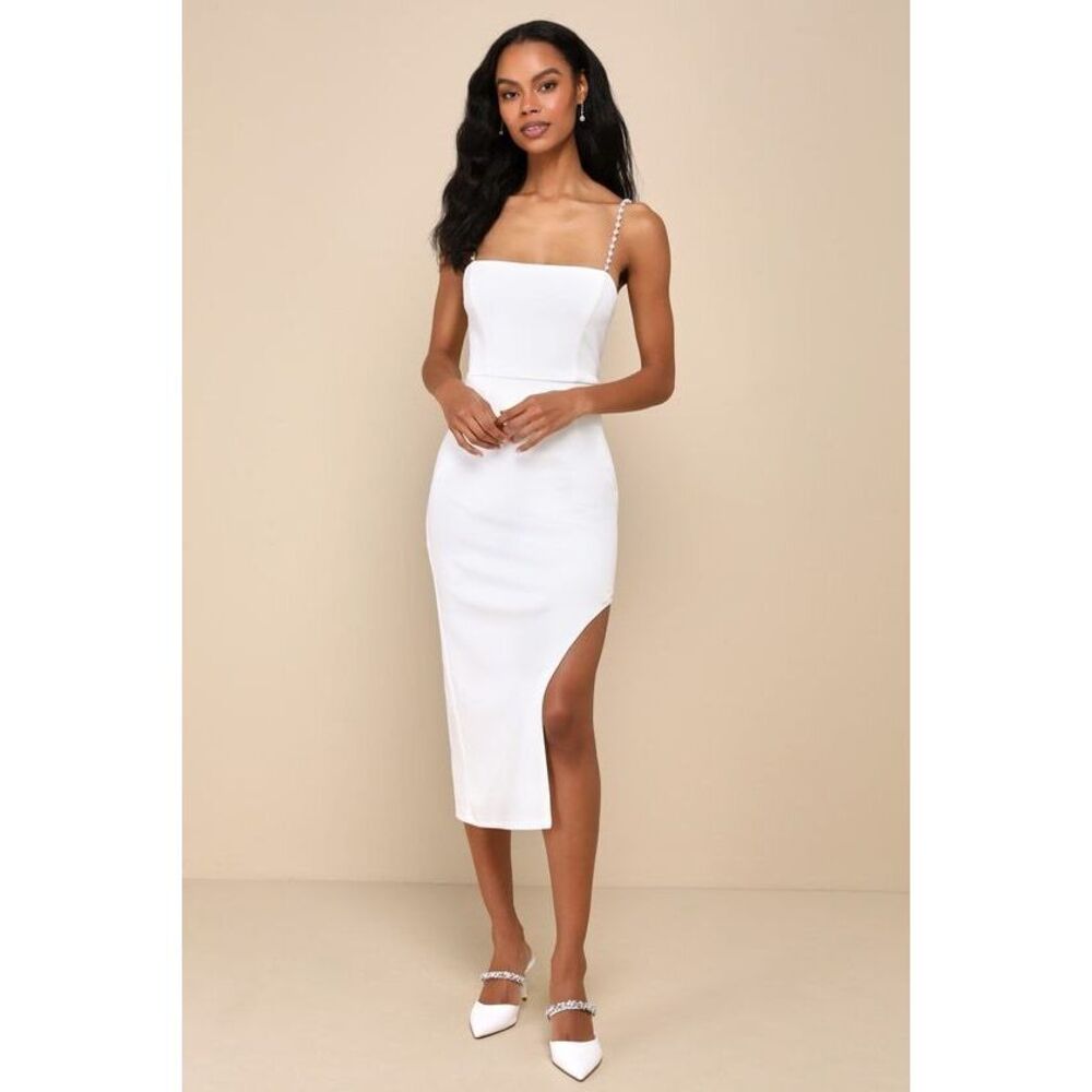 Lulus Dazzling Impression White Pearl Rhinestone Bodycon Midi Dress - Size XS